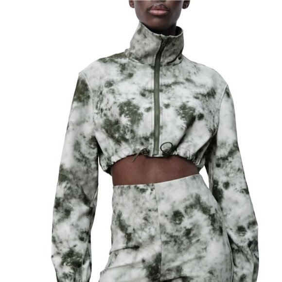 Zara Tie Dye Cropped Zip Jacket Drawstring Waist High Neck Olive Green Medium - Picture 1 of 11
